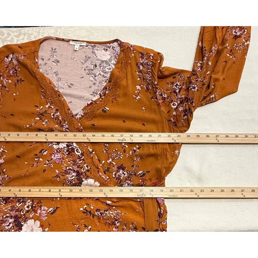 Maurices WrapvTop Womens 1X Rust Floral Peplum Crochet Trim V-Neck Cottagecore - Picture 5 of 12